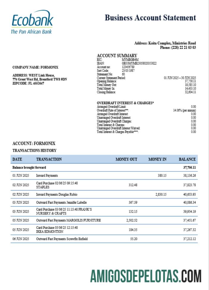 Em branco South Sudan Ecobank Firm modelo de extrato de conta Word e PDF